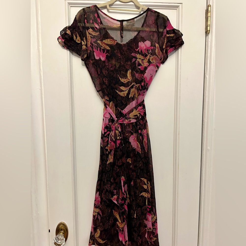 Tracy Reese Y2K Doen Silk Chiffon Ruffle Print Dress+ Silk Slip Dress. 2 in 1.